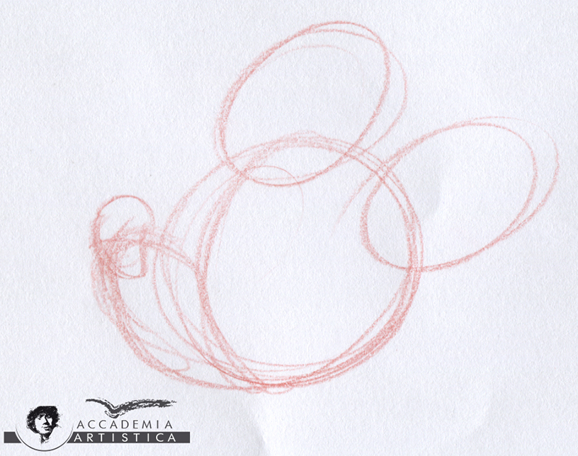 Topolino, il più famoso dei personaggi Disney, pur possedendo le proprie regole anatomiche e costruttive, nasce da tre semplici cerchi per la testa, e due cerchi, che formano un “fagiolo”, per il corpo. Notare come il segno grafico deve sempre essere leggero ma deciso