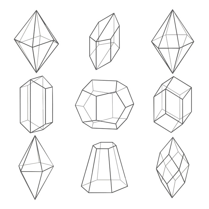Alcuni esempi di forme geometriche complesse, cioè comprendenti varie forme e visti in tridimensionalità, presente, ad esempio, nelle formazioni minerali naturali, come diamanti e quarzi.